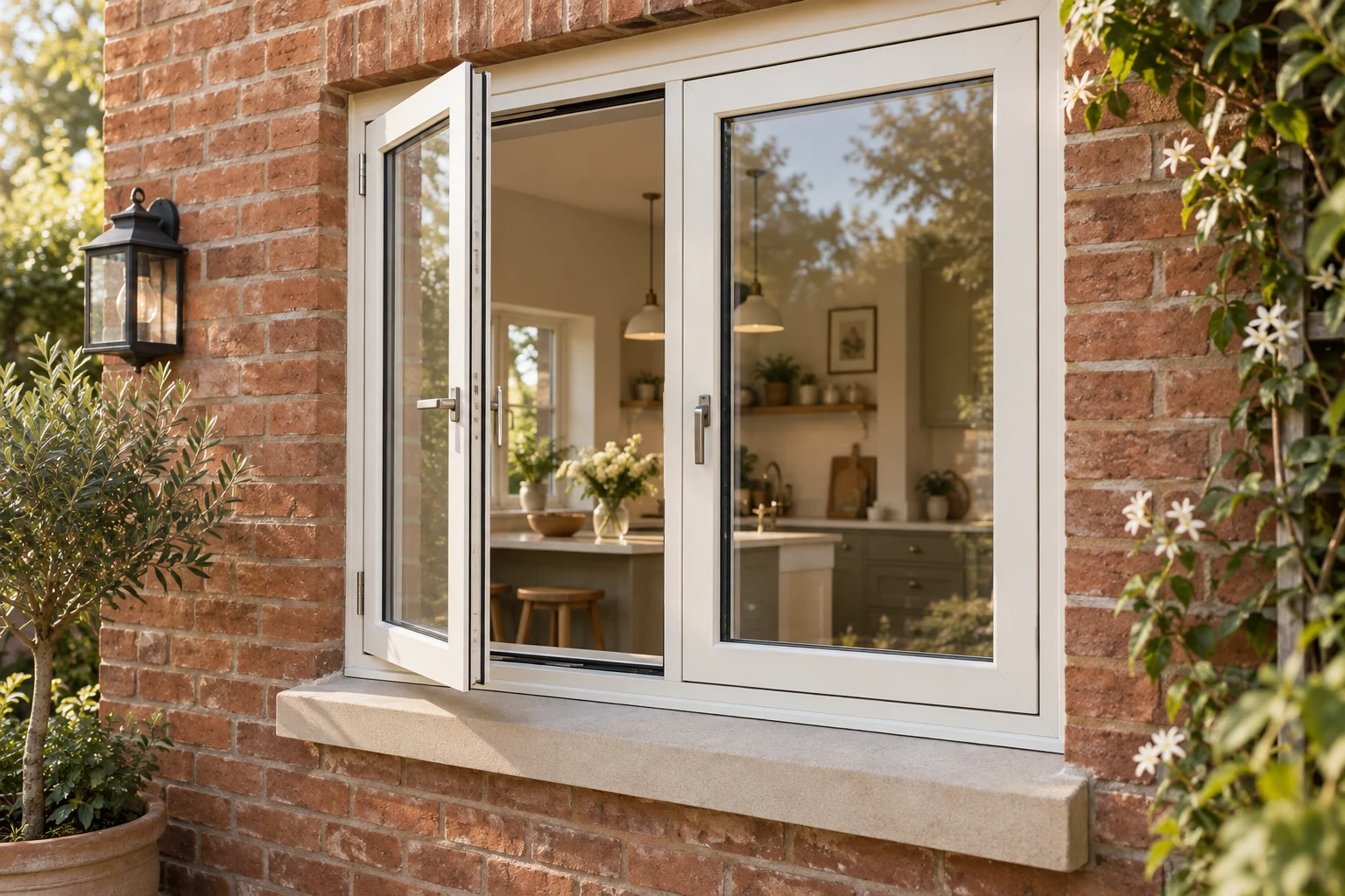 Illustrative whole flush-sash windows in a brick home