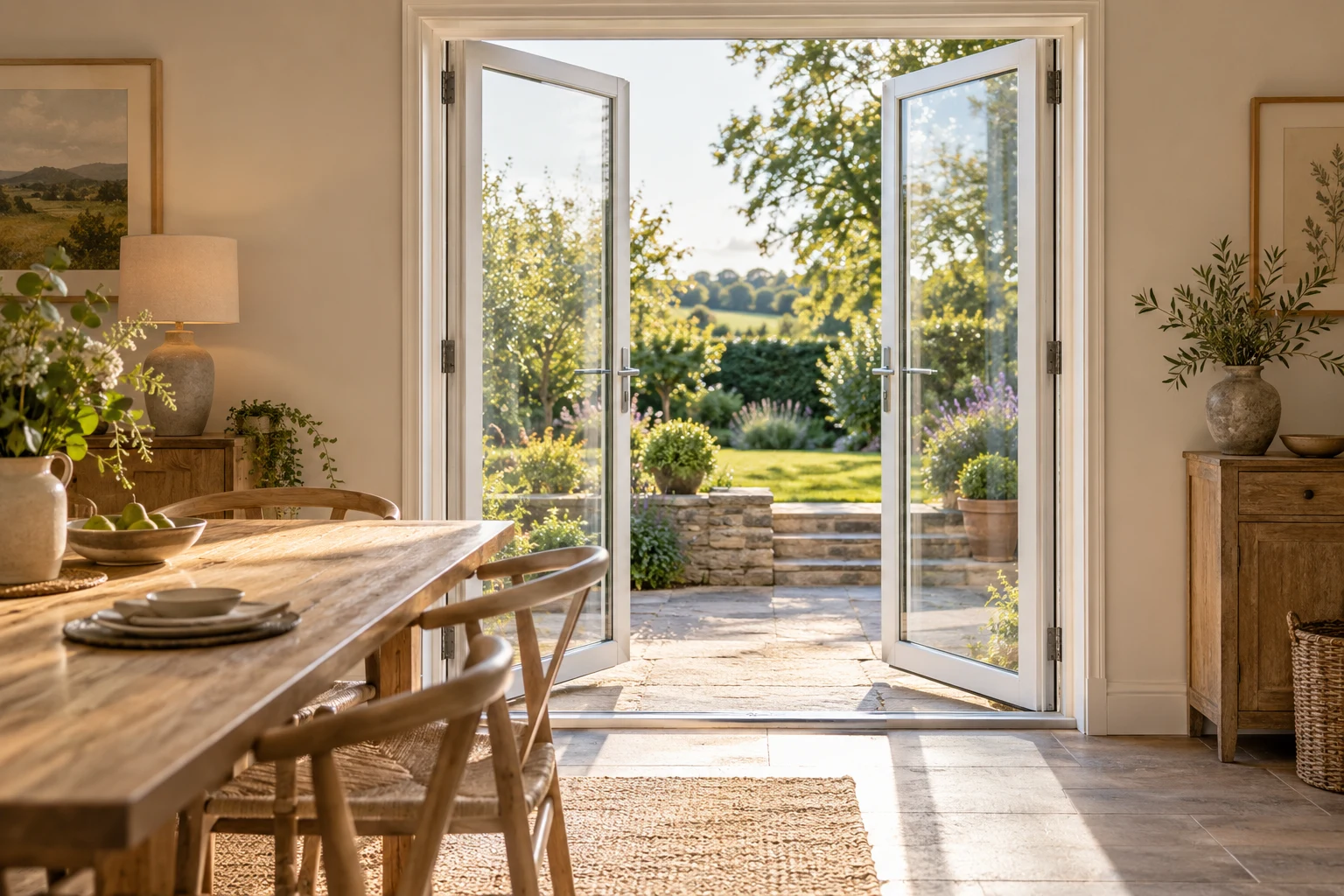 Approved illustrative CGI: a pair of white full-glazed French doors open towards a garden
