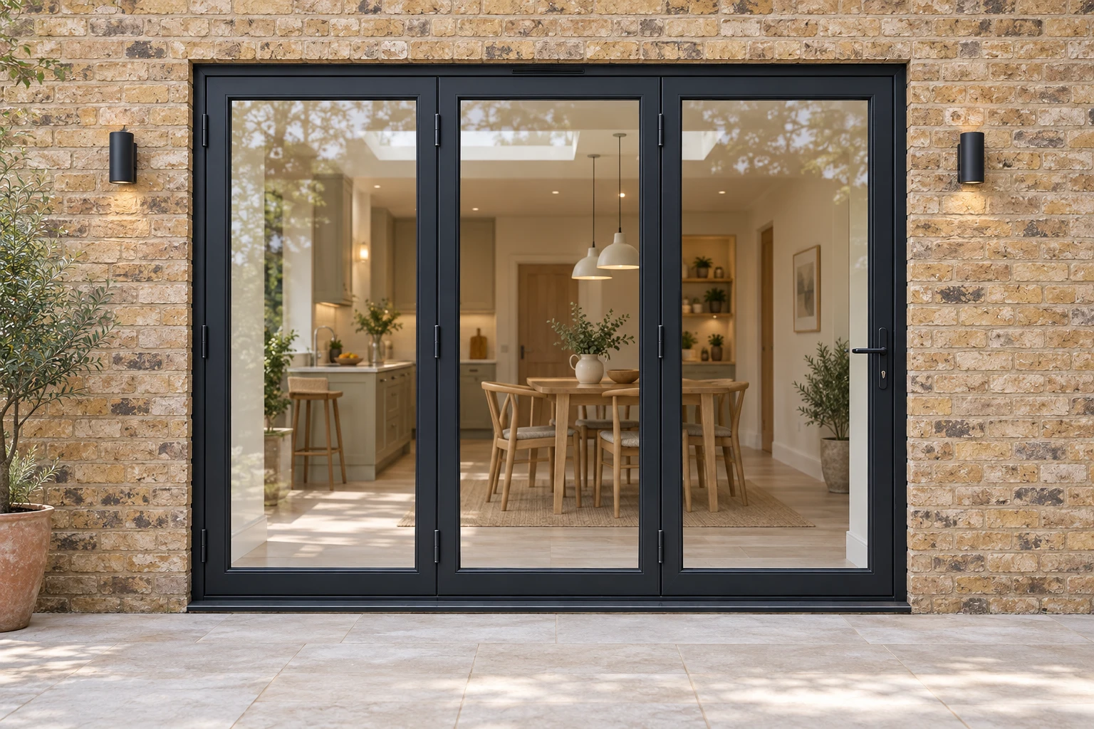 Model-referenced CGI: three closed Heritage bifold leaves with stepped sash framing and no glazing bars