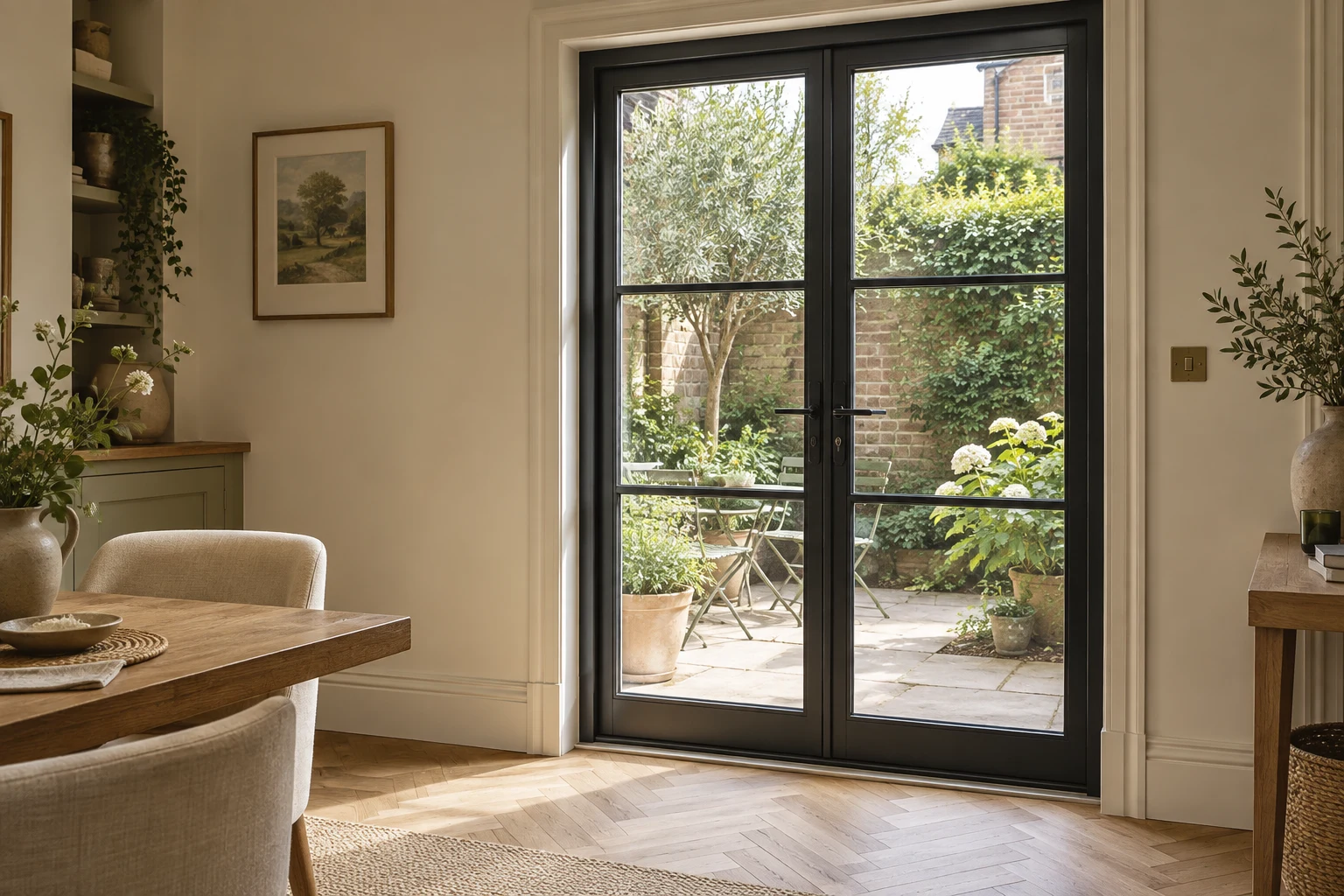 Approved illustrative CGI: black heritage-style glazed doors with horizontal glazing bars