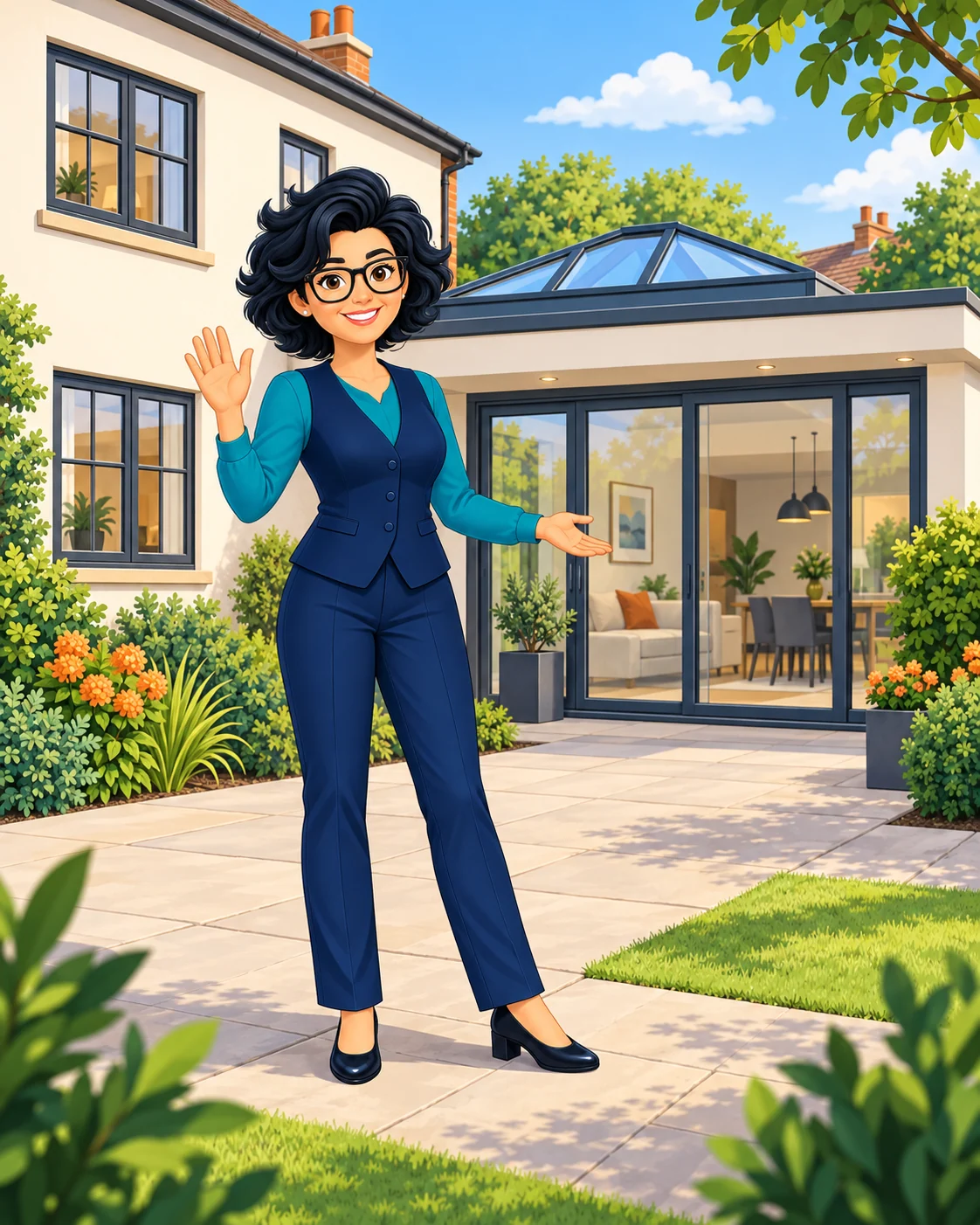 Illustration of Dolly welcoming you outside a contemporary home with sliding doors, divided-pane windows and a glazed roof lantern